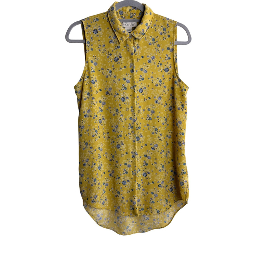Rachel Zoe Mustard Yellow Floral Sleeveless Button Up Blouse Hi Low Hem Size M